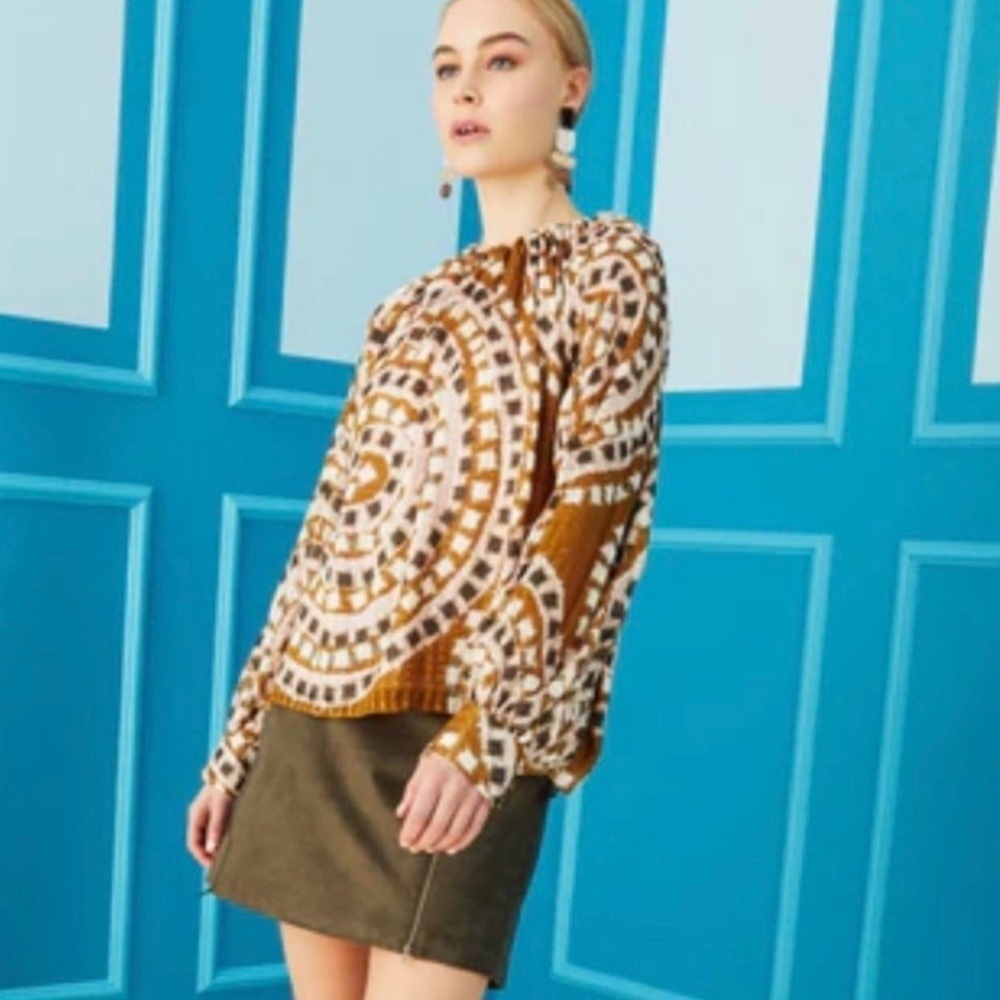 MARIE OLIVER Jenna Silk Blend Mosaic Print Tie Back Blouse size XS designer